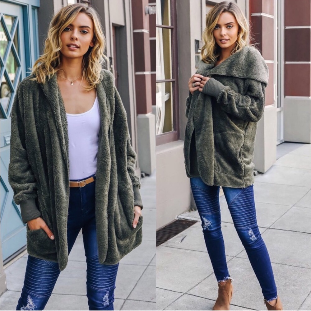 LAST ONE • Olive Green Soft Sherpa Jacket Cardigan - Picture 2 of 6